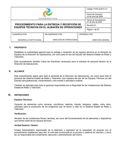 Procedimiento Para La Entrega Y Recepci N De Equipos T Cnicos En