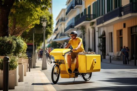 Premium Photo | Yellow cargo bike driver and pack delivery