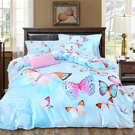 Colorful Butterflies Design Blue Piece Cotton Duvet Cover Sets Duvet