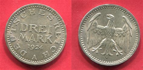 Weimarer Republik Deutsches Reich 3 Mark Silber Kursmünze 1924 A