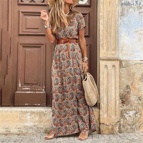 Kup Damska Letnia D Uga Sukienka Boho Print Maxi Sukienka Z Paskiem