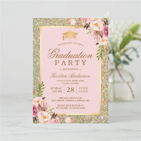 Blush Pink Floral Gold Sparkles Graduation Party Invitation Zazzle