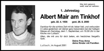 Traueranzeigen Von Albert Mair Am Tinkhof Trauer Bz