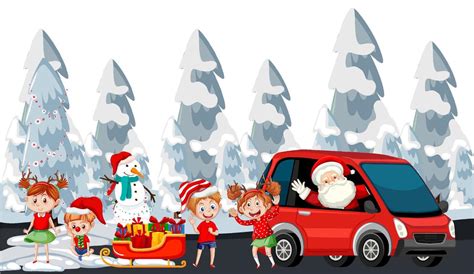 Santa Claus Driving Car With Happy Children In Christmas Theme 7012500