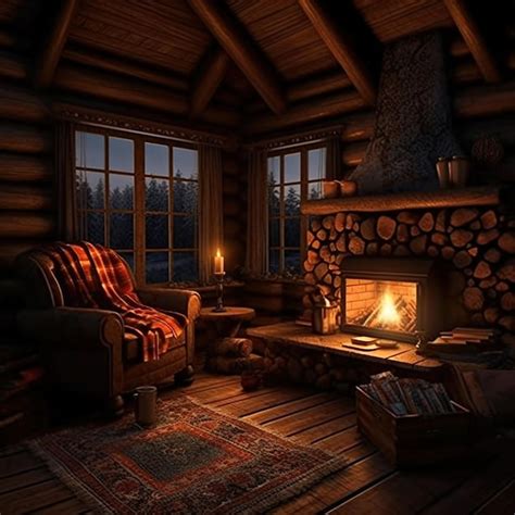 Premium Photo Cozy Cabin In Woods With Wood Stove Interiors At Night