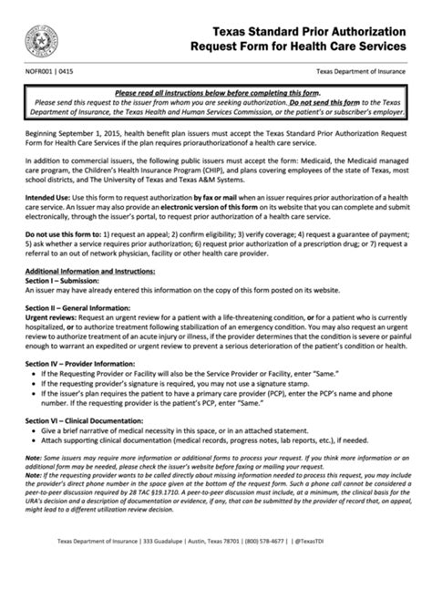 Fillable Form Nofr Texas Standard Prior Authorization Request Form