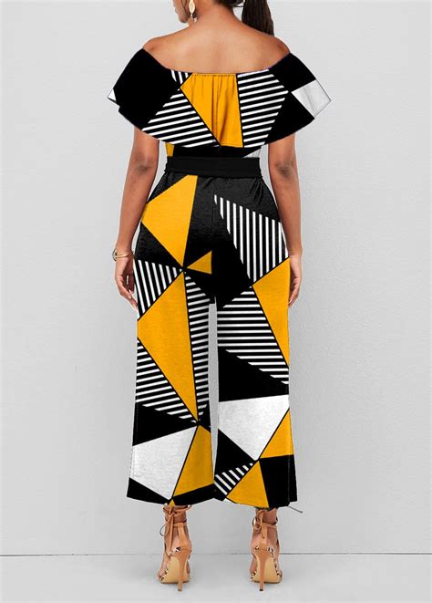 Geometric Print Color Block Belted Off Shoulder Jumpsuit Rosewe