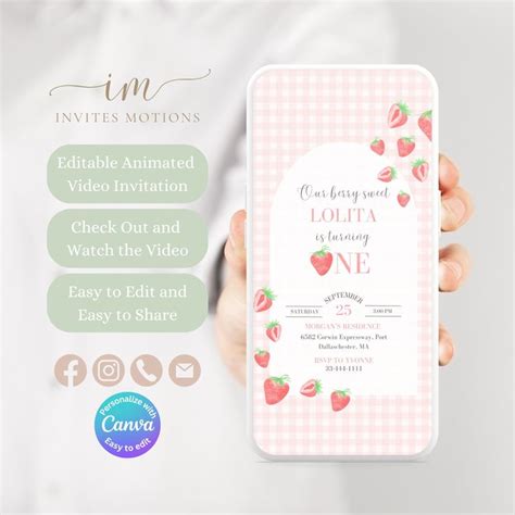 Editable Berry First Video Invitation For Strawberry Party Digital