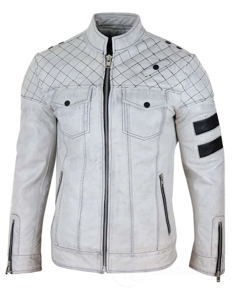 Mens Racing Biker Real Leather Jacket White Happy Gentleman