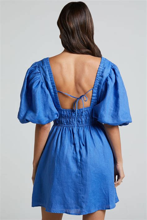 Sexy Deep V Tie Back Puff Sleeve Smocked Waist Summer Mini Dress Blu