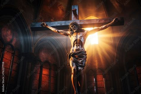 Crucifix Jesus On The Cross In Church With Ray Of Light From Stained