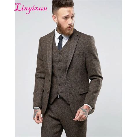 Linyixun 2017 Custom Made Brown Tweed Terno Formal Dos Homens Magros