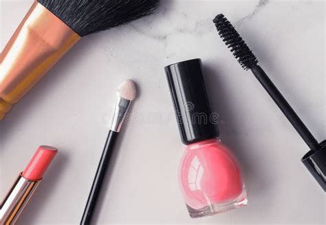 Make Up And Cosmetics Flatlay On Marble Stock Image Image Of Beauty