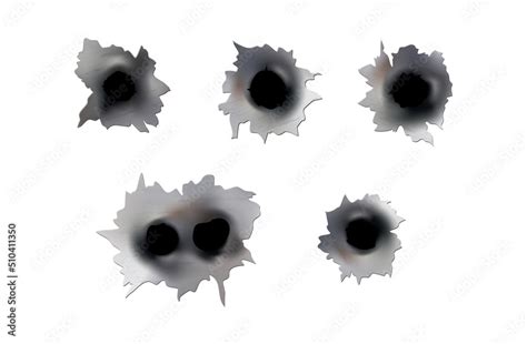 Bullet Holes Of Gun Or Pistol Shoot In Metal Single And Double Hole