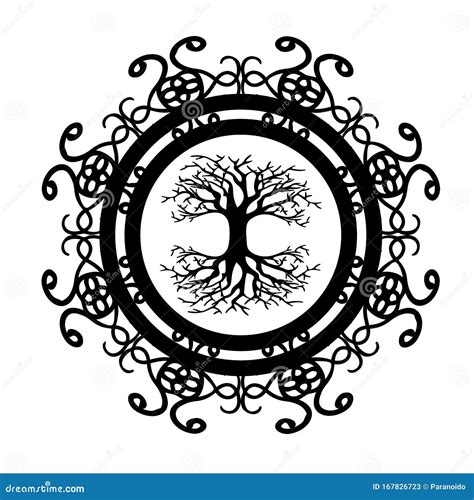 Scandinavian Tree Of Life Silhouette In Ornamented Circle Stock Vector