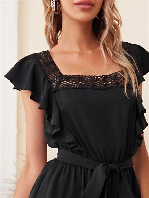 SHEIN Tie Open Back Ruffle Armhole Lace Detail Belted Romper SHEIN USA