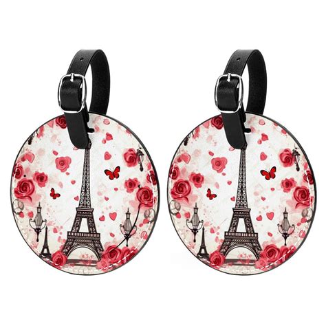 Eiffel Tower Valentine S Day 2Pcs PU Leather Round Luggage Tags With