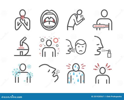 Tonsillitis Symptoms Treatment Line Icons Set Vector Signs For Web