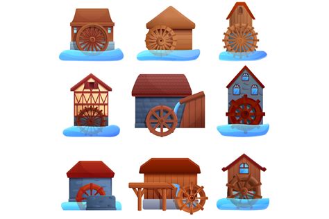 Water Mill Icons Set Cartoon Style Graphic By Nsit Creative Fabrica