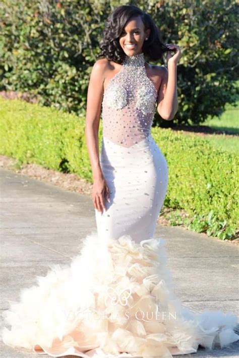 Sexy Ivory Pearl Cascading Ruffle Mermaid Prom Dress VQ