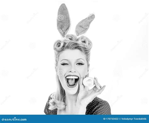 Pin Up Easter Woman In Bunny Ears Winking Sweet Adorable Girl In