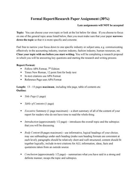 Formal Report Assignment Fall 2020 Formal Report Research Paper Assignment 30 Late