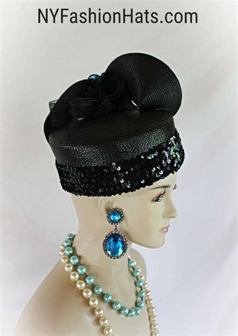 Couture Designer Hats, Formal Black Blue Pillbox Sculptured Wedding Hat ...