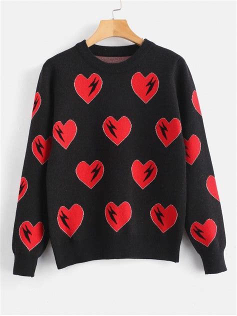 Heart Jacquard Sweater Black One Size Sweaters Cute Homecoming