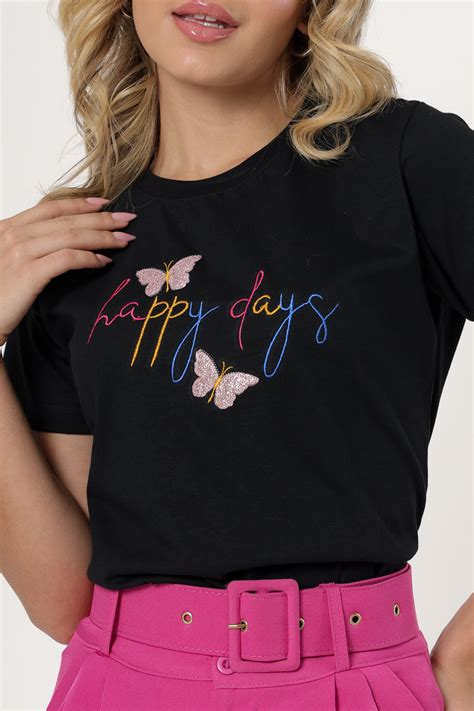 T Shirt Borboletas Happy Days Bordado Preto Atacado Tshirt Use