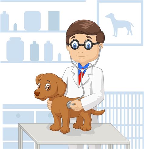 Perro Veterinario De Examen De Dibujos Animados Vector Premium