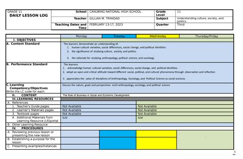 Dll Ucsp Week 1 Lesson Log Grade 11 Daily Lesson Log School Canubing National High School