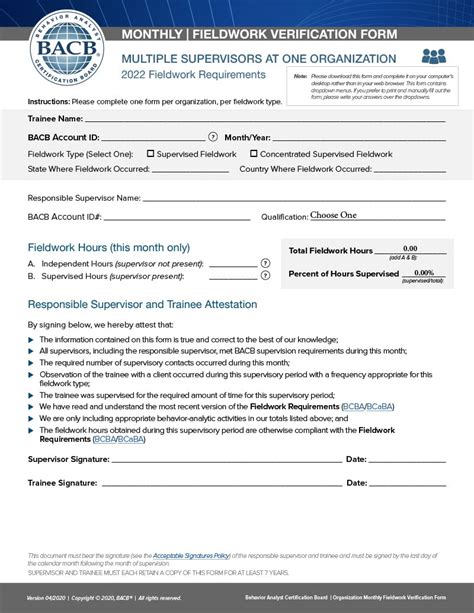 Bacb Monthly Fieldwork Verification Form Multiple Supervisors 2023