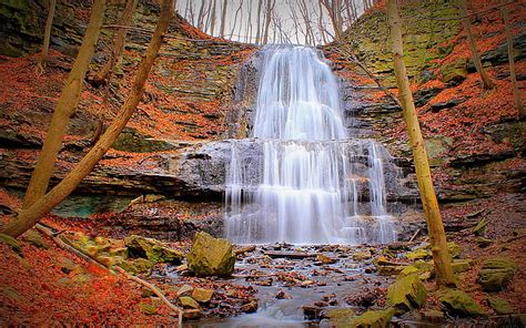 White And Brown Wooden House Nature Landscape Waterfall Fall Hd