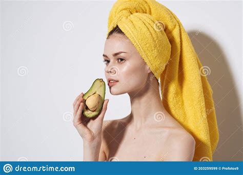 Pretty Woman Naked Shoulders Avocado In Hands Natural Cosmetics Health