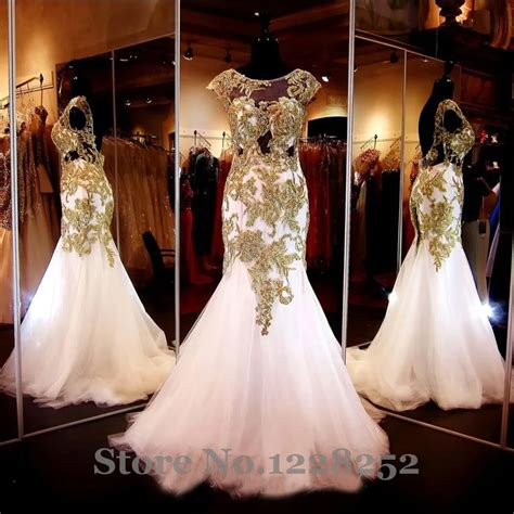 Elegant White Mermaid Evening Dresses Beaded Gold Appliques Cap Sleeve