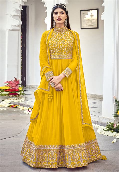 Yellow Faux Georgette Abaya Style Anarkali Suit D