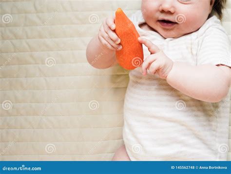 Happy Baby Girl Trying Her First Vegetable Solid Food A Carrot Stock