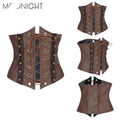 Moonight Brown Synthetic Leather Lace Up Sexy Corset Hollow Out Underbust Corset Top Corsets And