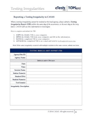 Fillable Online Casas Testing Irregularity Report Casas Fax Email