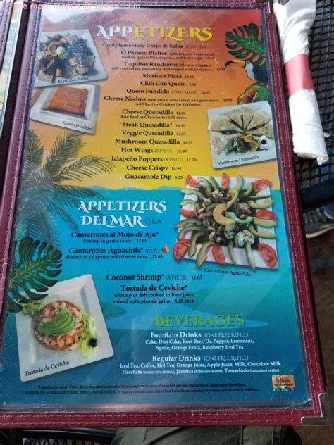 Menu at El Paraiso Mexican restaurant, Lake Havasu City