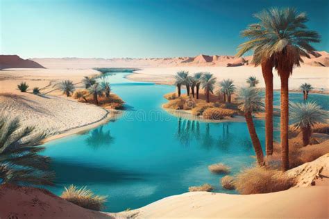 Oasis With Palm Trees And Clear Blue Water Surrounded By Hot And Arid