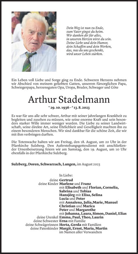 Todesanzeigen Von Arthur Stadelmann Todesanzeigen Vorarlberger