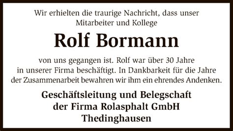 Traueranzeigen Von Rolf Bormann Trauer Kreiszeitung De