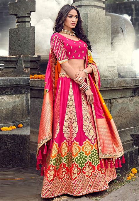 Magenta Banarasi Silk Circular Lehenga Choli Sari Lehenga