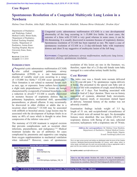 PDF Spontaneous Resolution Of A Congenital Multicystic Lung Lesion In