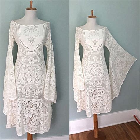 Bell Sleeve Vintage 70s Cream Crochet Boho Wedding Mini Dress Etsy