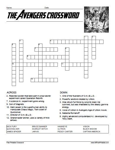 The Avengers Crossword Free Printable Puzzle Game