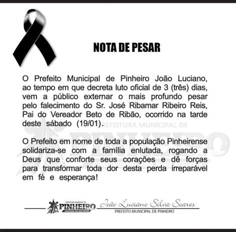 Veja Nota Oficial Prefeito Luciano Declara Luto De TrÊs Dias Pelo