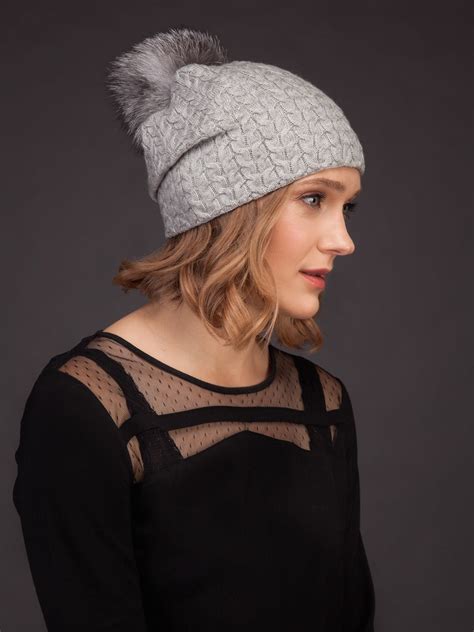 Light Gray Knit Cashmere Beanie Hat With Fox Fur Pom Pom Handmade By