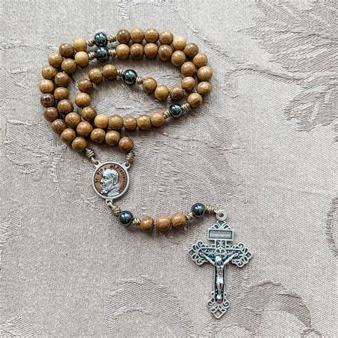 Padre Pio Catholic Rosary Made With Wood Beads And Hematite Etsy